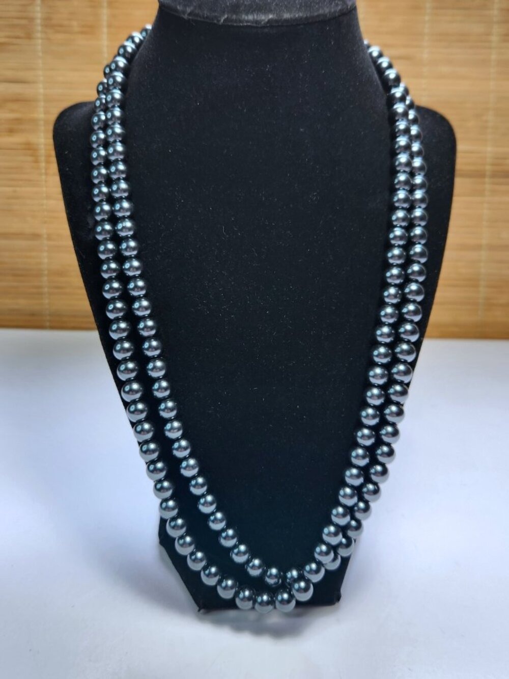 Vintage Hematite Beaded Strand Necklace Gunmetal Grey Opera Length Flapper Loop